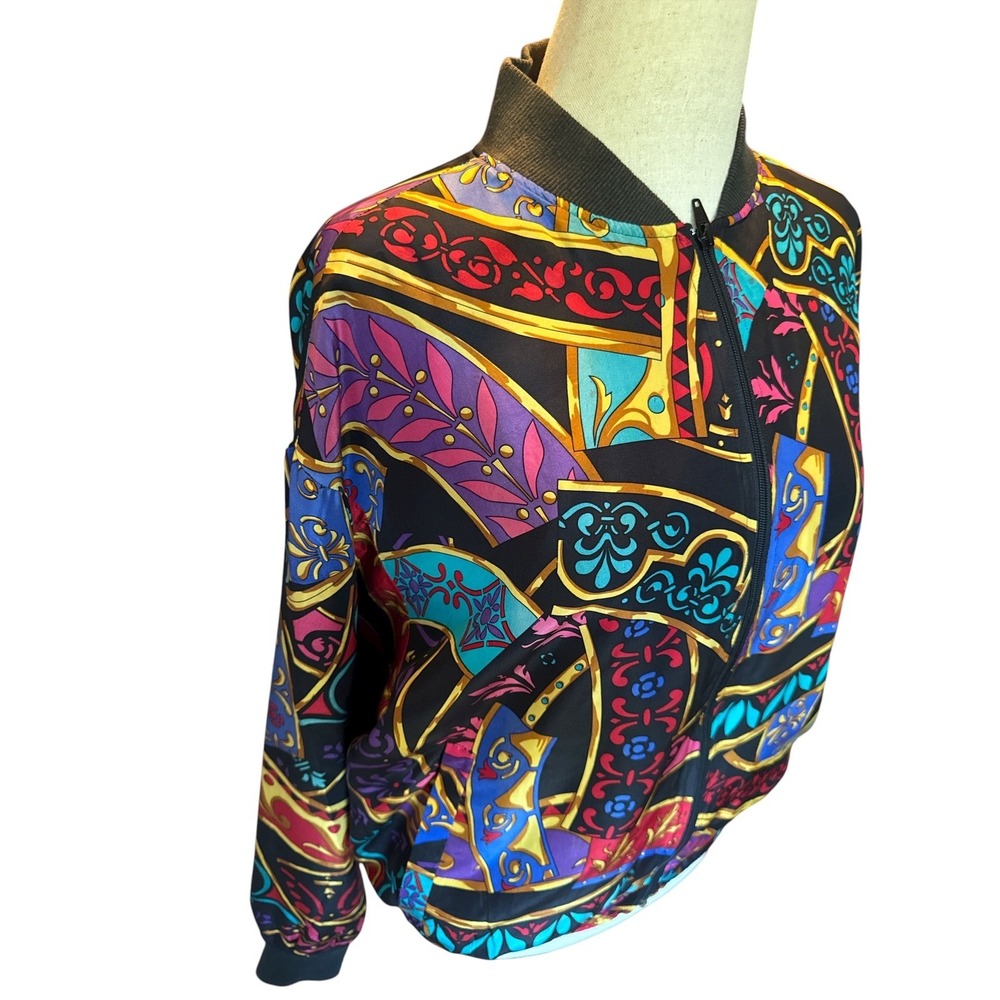 Vintage 80s Silk Satin Bomber Jacket | Abstract Baroque Print | OSFM - Picture 7 of 12